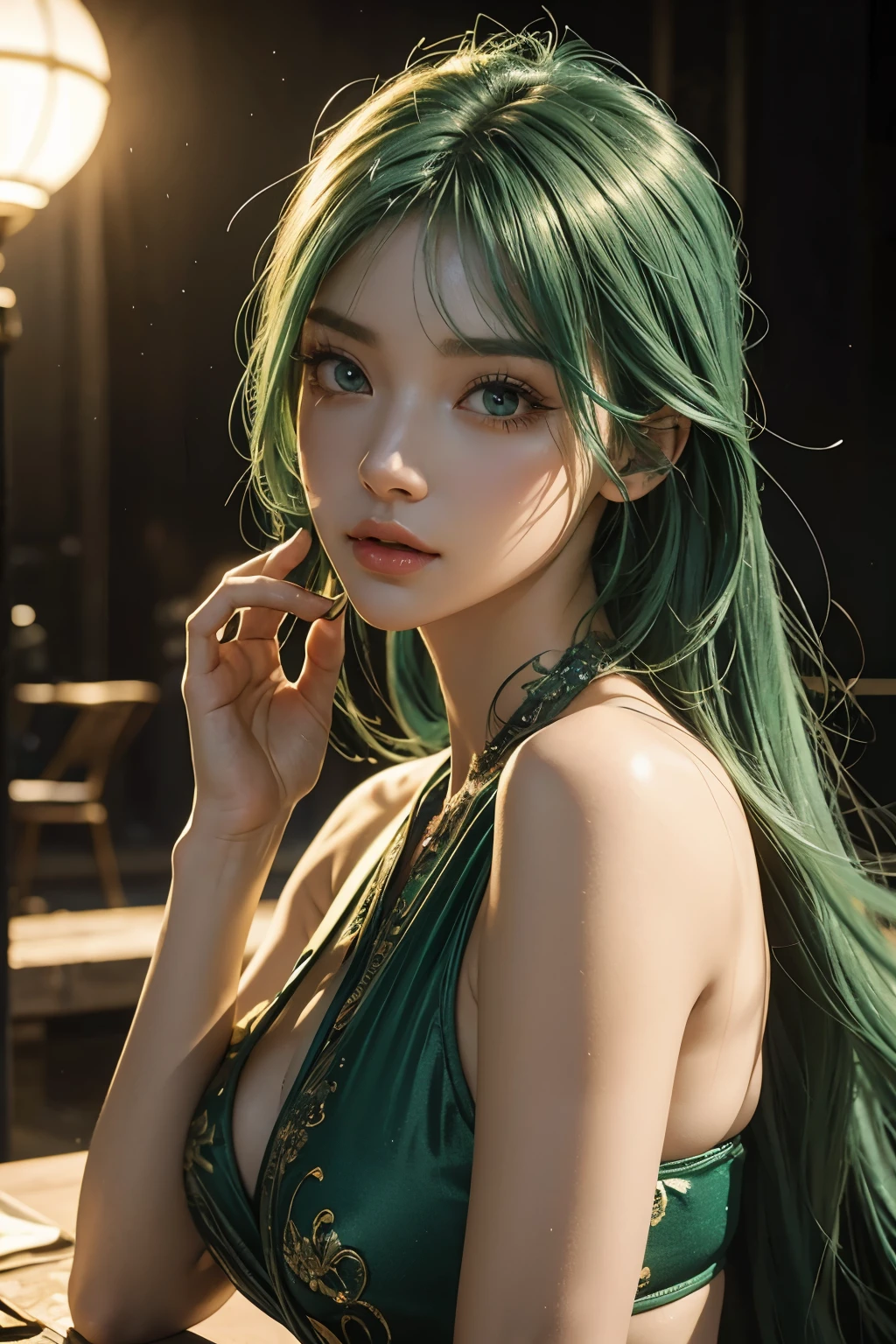 a girl with vibrant green hair,beautiful detailed eyes,beautiful detailed lips,extremely detailed face, long eyelashest verted into a magnificent 3D rendering, perfect studio lighting,ultra-fine painting,high-quality vivid colors,best quality,anime style, patio