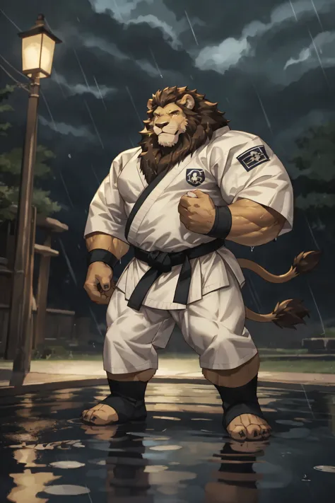 1boy, solo, muscular old man (furry lion), huge muscular, short hair, wearing karate uniform, (cinematic rain vfx background), d...