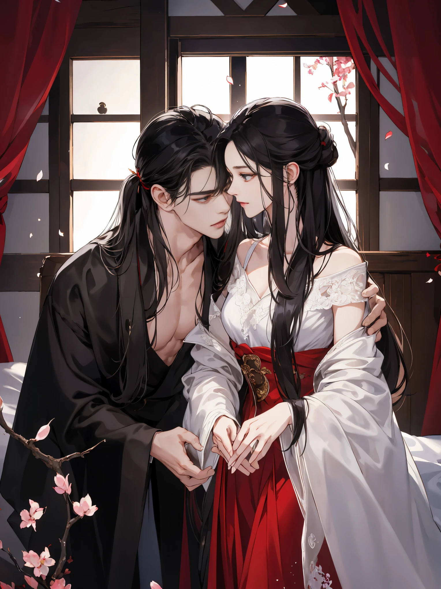 Masterpiece, best quality, 8k, Highly detailed, Very detailed,of a handsome young man，Wear a classic black robe.，long black hair。His face was very striking.，The expression is focused and gentle.，Look at the woman next to you.。The girl wore a beautiful red dress，Elegantly curled hairstyle，It revealed a slender collarbone and delicate ears.。Her lips opened slightly.，Their hands touched lightly.。Whole bedroom，The curtains swayed gently.，nighttime，starry sky，petals，Looking from the front to the side，The man bowed his head.，Looking at the girl gently，Their bodies trembled slightly.，Feel each other&#39;s breathing and heartbeat.。The whole picture is full of romance and affection.，Let people feel the charm and power of love.。gloomy，