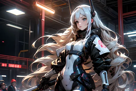 highest quality，masterpiece，High resolution，android woman with long white hair，cowboy shot，highlight