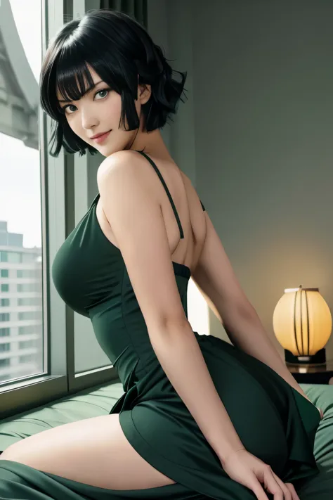 arafe woman in a green dress sitting on the bed with the window open,  black short hair,green eyes,fubuki from one punch man,in ...