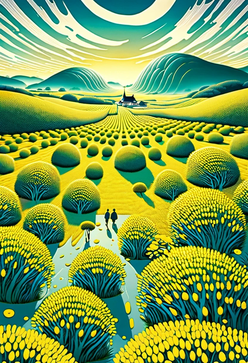 Top view (Vector minimalist)The vast, ultra-wide-angle scene and the gorgeous rapeseed field’s ultra-wide-angle scenery can shock the audience.、Feel the splendor and openness of nature in the vast field of vision and the infinite possibilities of nature, the vastness of the movie scenes, the intricate art and super detailed、Exquisite and beautiful、masterpiece、Quality content is very detailed、Dynamic perspective high-definition high-quality art work by Master Jia