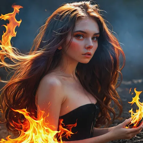 Girl with long hair, witch burned by fire