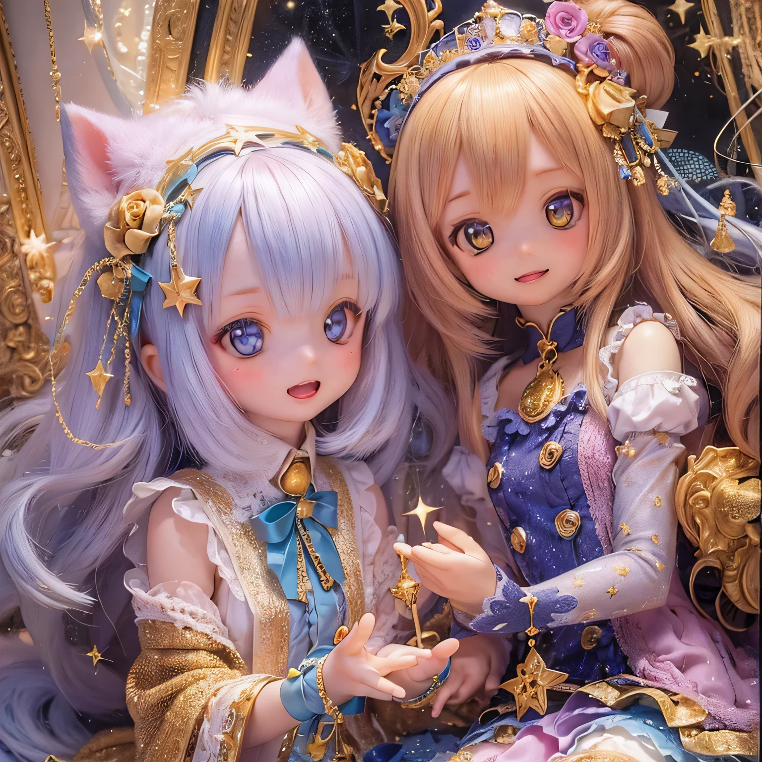 Two dolls of a girl and a cat are sitting together - SeaArt AI