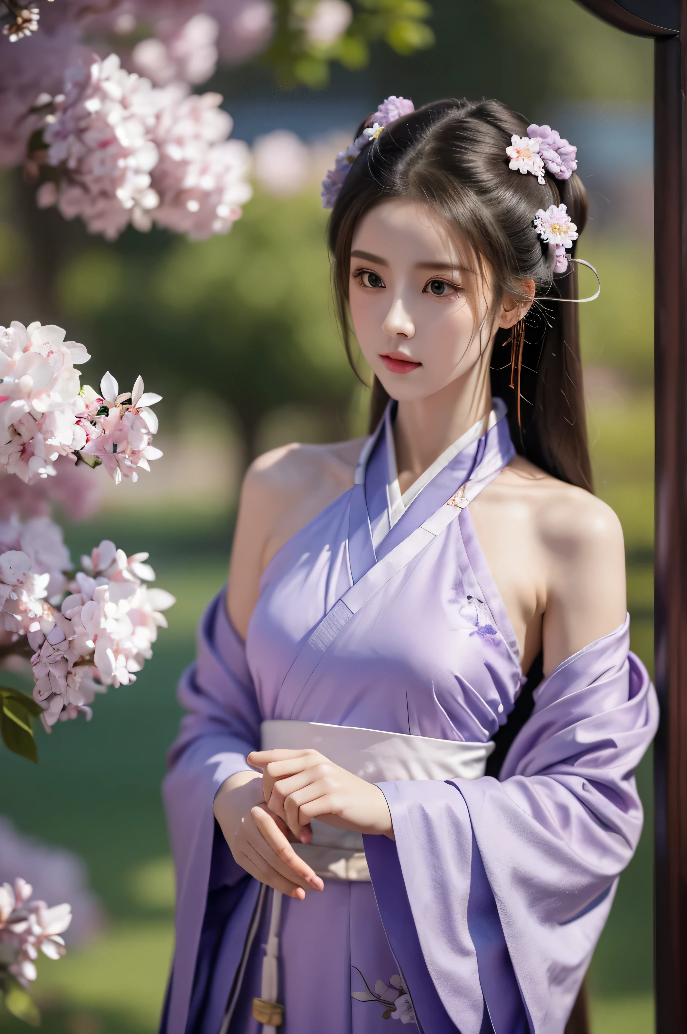 Fair, masterpiece, best quality, extremely detailed face,1 girl, alone，wrap your chest，Lilac Hanfu，whole body