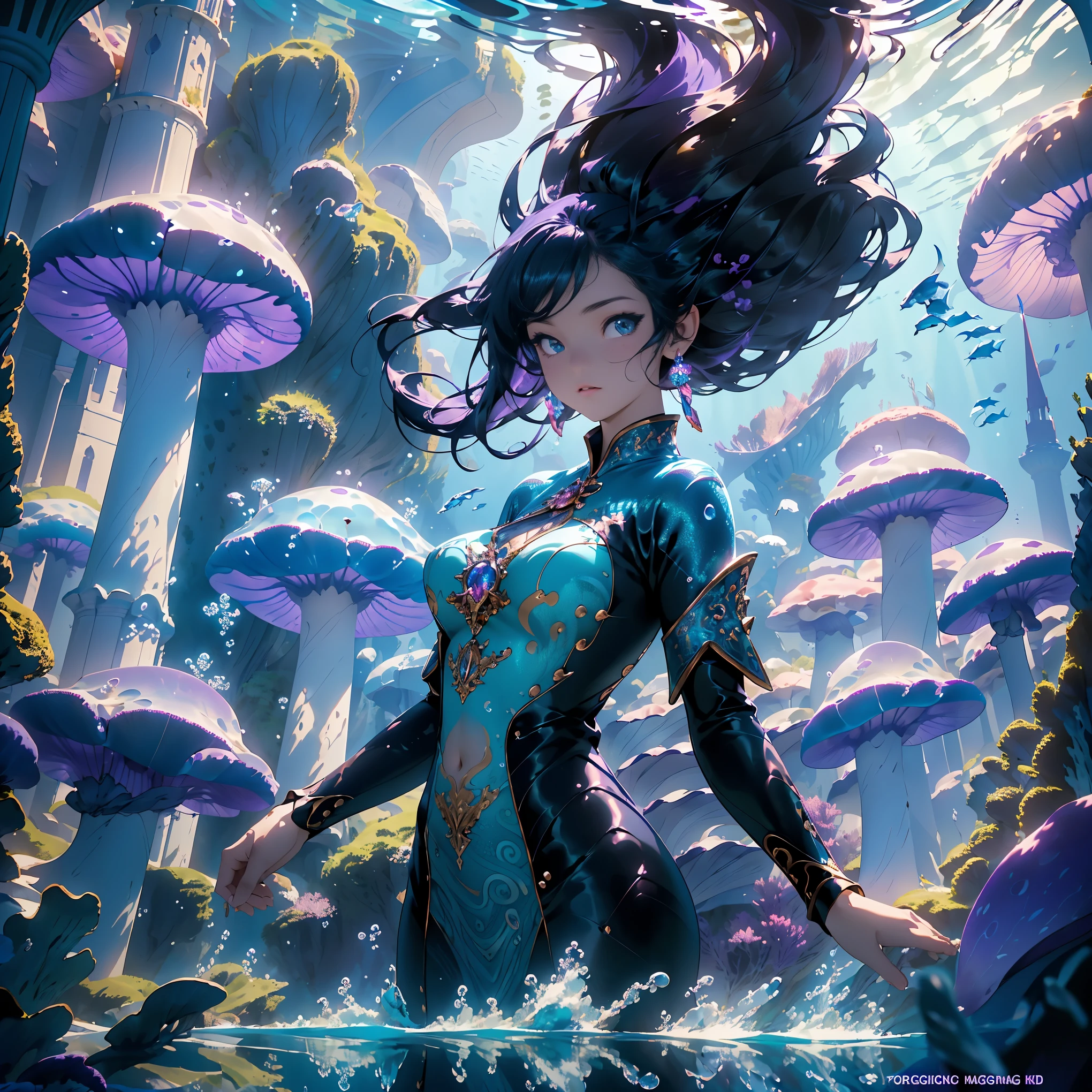 One Long Purple Sea Dragon, Full Body Portrait, (8k UHD Resolution), (Ultra Detailed), (Fantasy), A Gorgeous Black Haired Caucasian Goddess Facing The Camera Underwater, (Atmospheric), (Whimsical), (Dynamic Lighting), ((The Background A Very Detailed Magnificent Castle)), Natural Sea Life, (Large Magical Mushrooms), Underwater world, gb