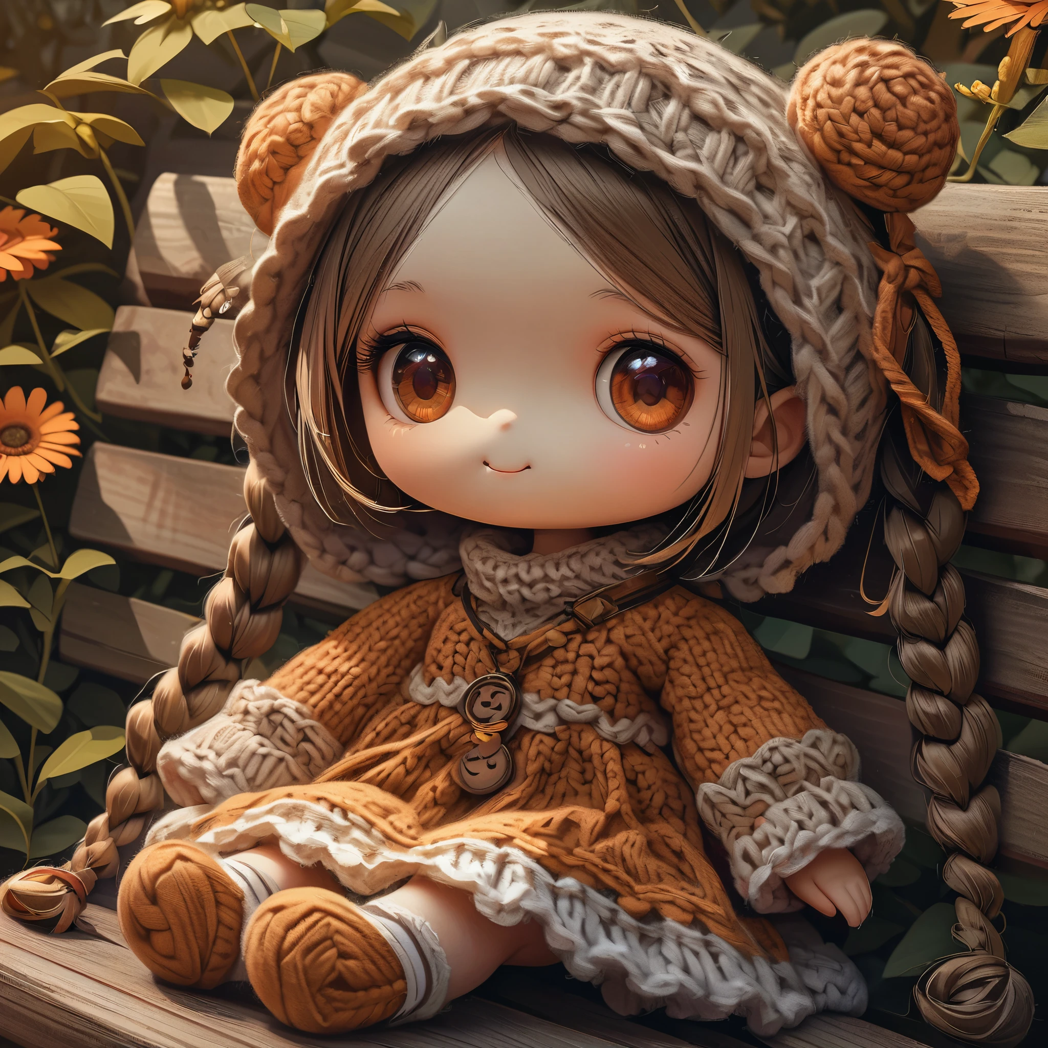 (La best quality,High resolution,super detailed,actual),2 cute knitted dolls，in the garden，smiley face，（（A masterpiece full of fantasy elements）））， （（best quality））， （（intricate details））（8K）