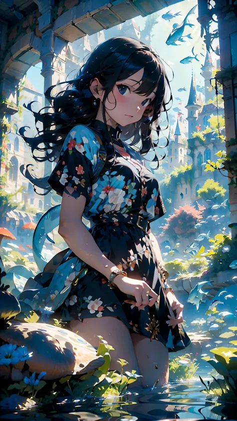 (8k UHD Resolution), (Ultra Detailed), (Fantasy), A Gorgeous Black Haired Caucasian Goddess Underwater Surrounded By A Sea Drago...