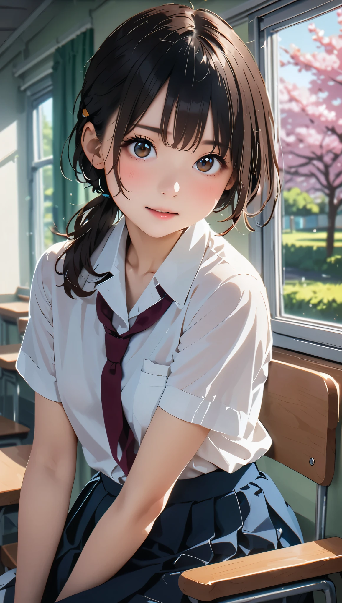 (masterpiece, highest quality:1.2), 1 girl, alone、(table top, highest quality:1.2), 8K, 18-year-old, 85mm, official art, Raw photo, absurd, white dress shirt, cute face, close, Upper body, viola lace, gardenia, beautiful girl, (dark red tie:1.1)、(navy pleated skirt:1.1), Cinch West, thighs, short sleeve, classroom, ponytail、short hair、short hair、sit on a bench seat, looking at the viewer, no makeup, (smile:0.4), film grain, chromatic aberration, sharp focus, face light, clear lighting, teen, detailed face, ((background bokeh,日本の学校のclassroom、classroom、cherry tree seen from the window))