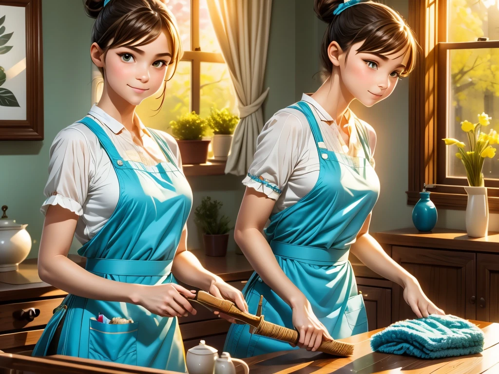 A maid diligently cleaning the room, using a feather duster to remove dust from every surface, hands swiftly wiping away dirt stains [cleaning the room, diligent maid, feather duster, hands swiftly wiping, removing dust, surfaces free from dirt stains]. The maid wears a neat uniform with a crisp apron, complemented by a tidy hair bun [maid's uniform, crisp apron, neat hair bun]. Sunlight streams through the window, casting a warm glow on the room [sunlight streaming, warm glow]. High-quality, realistic details are essential for this artwork [best quality, realistic:1.37], showcasing the intricate patterns in the room's furnishings [detail-focused, intricate patterns]. An impressionist style gives the artwork a touch of elegance [impressionist style], with vibrant colors adding visual appeal [vibrant colors]. The room features a floral wallpaper, accentuating the fresh and pleasant atmosphere [floral wallpaper, fresh atmosphere]. The lighting emphasizes the tidiness of the room, illuminating the maid's focused expression [tidy room lighting, maid's focused expression].