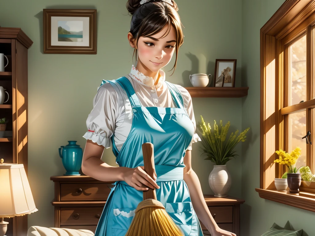 A maid diligently cleaning the room, using a feather duster to remove dust from every surface, hands swiftly wiping away dirt stains [cleaning the room, diligent maid, feather duster, hands swiftly wiping, removing dust, surfaces free from dirt stains]. The maid wears a neat uniform with a crisp apron, complemented by a tidy hair bun [maid's uniform, crisp apron, neat hair bun]. Sunlight streams through the window, casting a warm glow on the room [sunlight streaming, warm glow]. High-quality, realistic details are essential for this artwork [best quality, realistic:1.37], showcasing the intricate patterns in the room's furnishings [detail-focused, intricate patterns]. An impressionist style gives the artwork a touch of elegance [impressionist style], with vibrant colors adding visual appeal [vibrant colors]. The room features a floral wallpaper, accentuating the fresh and pleasant atmosphere [floral wallpaper, fresh atmosphere]. The lighting emphasizes the tidiness of the room, illuminating the maid's focused expression [tidy room lighting, maid's focused expression].