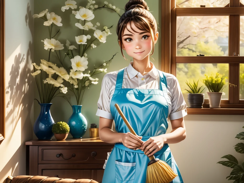 A maid diligently cleaning the room, using a feather duster to remove dust from every surface, hands swiftly wiping away dirt stains [cleaning the room, diligent maid, feather duster, hands swiftly wiping, removing dust, surfaces free from dirt stains]. The maid wears a neat uniform with a crisp apron, complemented by a tidy hair bun [maid's uniform, crisp apron, neat hair bun]. Sunlight streams through the window, casting a warm glow on the room [sunlight streaming, warm glow]. High-quality, realistic details are essential for this artwork [best quality, realistic:1.37], showcasing the intricate patterns in the room's furnishings [detail-focused, intricate patterns]. An impressionist style gives the artwork a touch of elegance [impressionist style], with vibrant colors adding visual appeal [vibrant colors]. The room features a floral wallpaper, accentuating the fresh and pleasant atmosphere [floral wallpaper, fresh atmosphere]. The lighting emphasizes the tidiness of the room, illuminating the maid's focused expression [tidy room lighting, maid's focused expression].