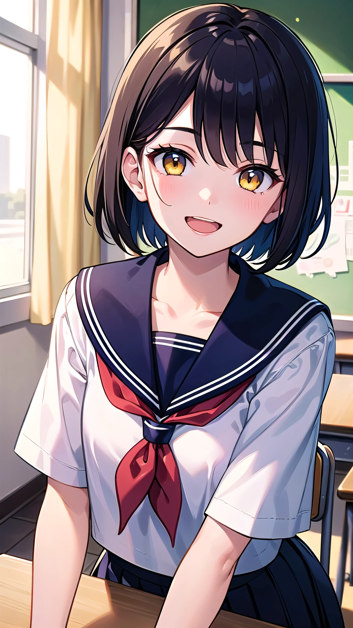 (masterpiece), (highest quality), (Super detailed), (beautiful illustrations), (pretty girl), 1 girl, black hair, short hair, yellow eyes, 16 years old, Detailed sailor suit, Navy blue sailor collar, red neckerchief, short sleeve, navy pleated skirt, smile, Thinly opened mouth, Close-up, proximity, school classroom, From before, Upper body,