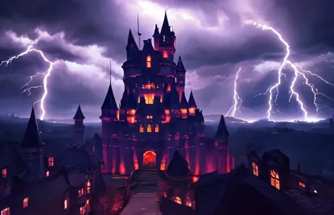 alafed castle in the sky with lightning and lightning, dark pastel castle background, dark castle background, grimdark chaos for...