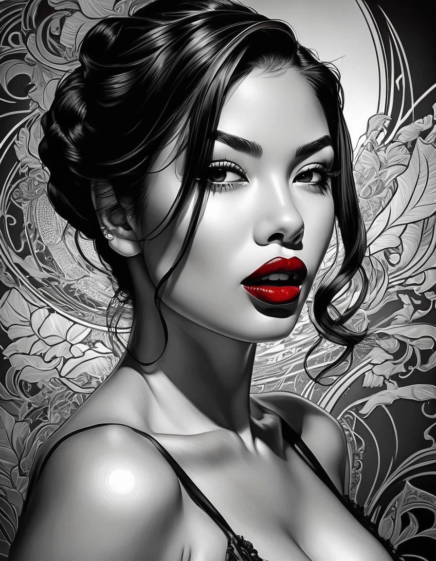 female, fantasy, beauty, in the style of noir comic art, realistic hyper-detailed portraits, black and white grayscale, chicano art, dark cherry red lipstick, realistic yet romantic, flowing lines --ar 23:36 --stylize 750