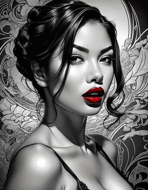 female, fantasy, beauty, in the style of noir comic art, realistic hyper-detailed portraits, black and white grayscale, chicano ...