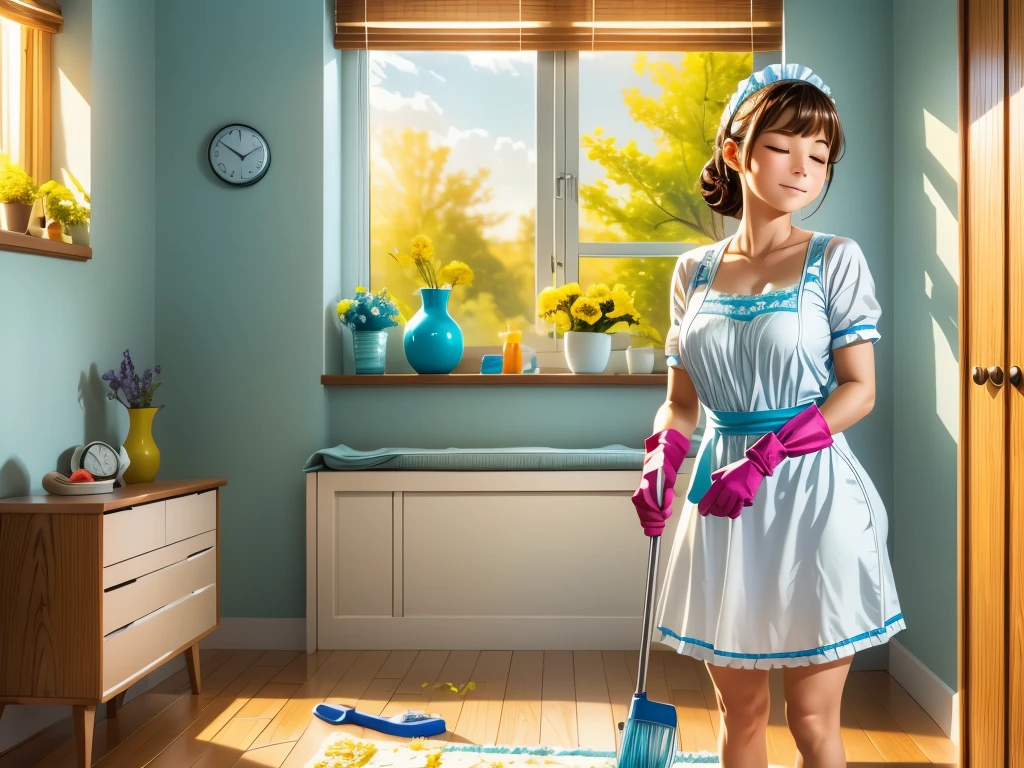 (best quality,ultra-detailed,photorealistic),Maid cleaning the room,[cleaning supplies,]detailed room interiors,organized and tidy room,[beautiful flowers,]natural light,neatly arranged furniture,vivid colors,calm and peaceful atmosphere,sunlight streaming through the window