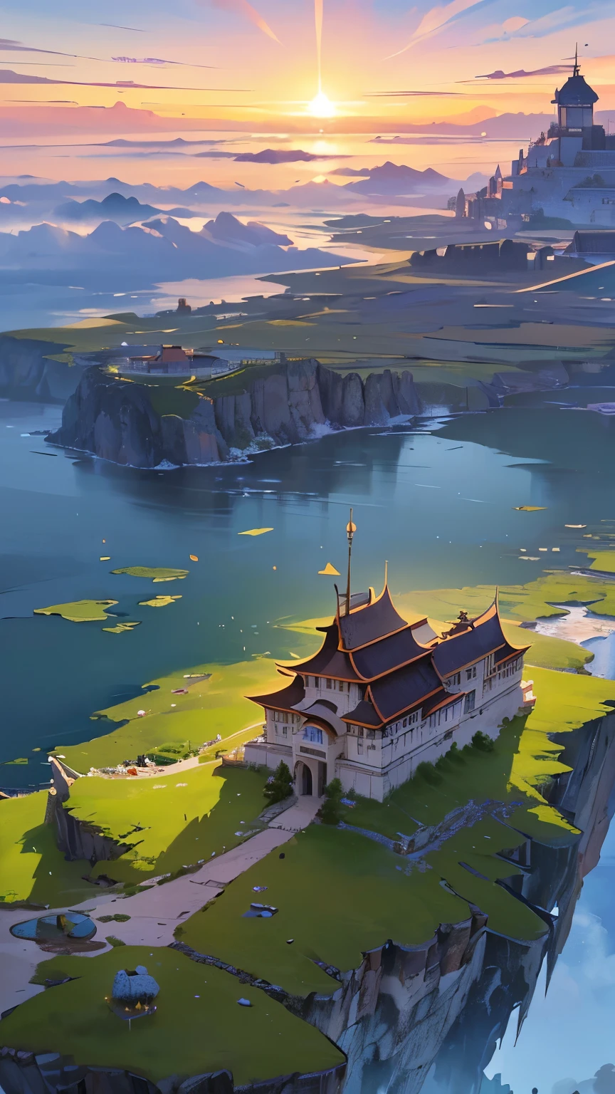 highest quality。masterpiece。detailed details。(((with a European-style fort、floating island floating in the sky)))。(floating above the grassland)。((look up from the ground))。Ghibli。The background is a dynamic sunset。