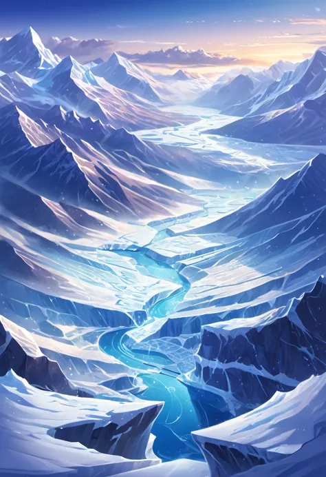 draw only one picture, top view (vector)  the vast ultra-wide-angle scene of the glacier land. the mysterious and spectacular ul...