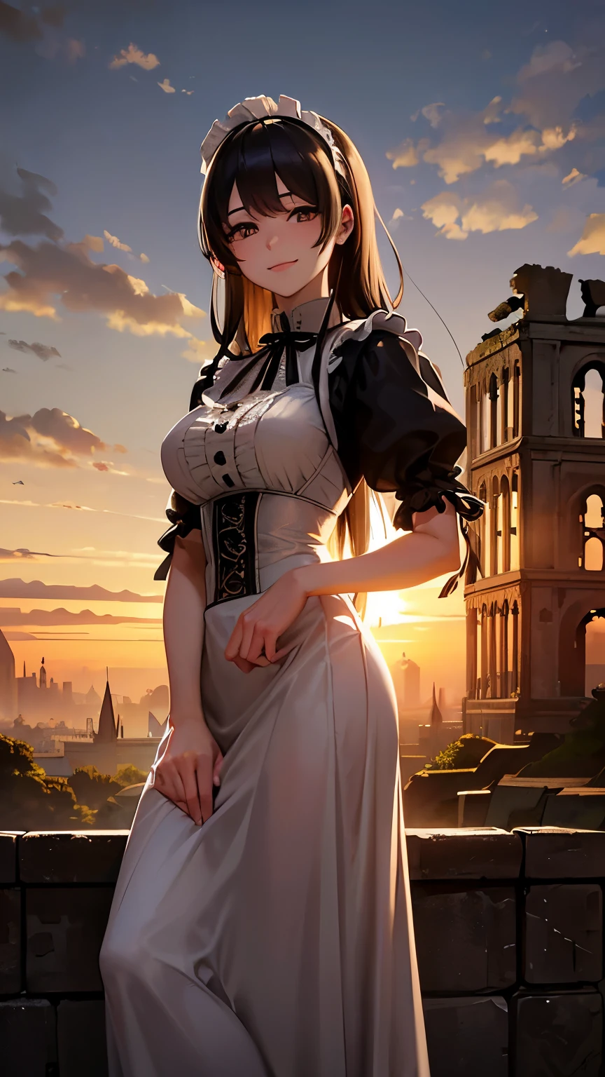 highest quality。masterpiece。detailed details。one woman。very beautiful woman。Victorian style maid clothes。see the beholder。gentle smile。Backlight。(((The background is a ruin in the sky with the setting sun shining through it.)))。