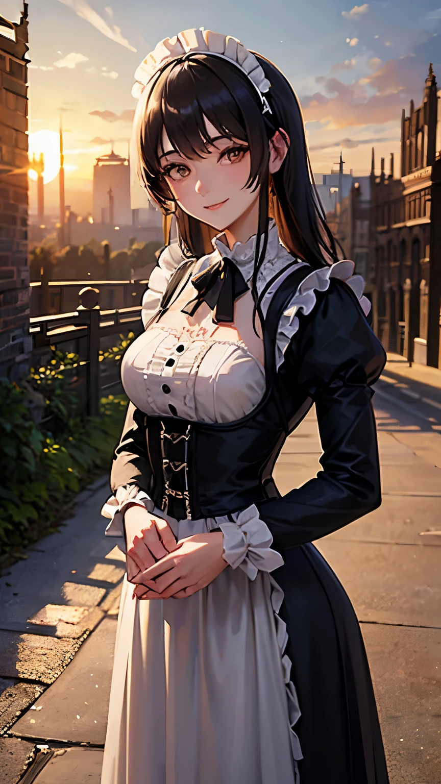 highest quality。masterpiece。detailed details。one woman。very beautiful woman。Victorian style maid clothes。see the beholder。gentle smile。Backlight。(((The background is a ruin in the sky with the setting sun shining through it.)))。