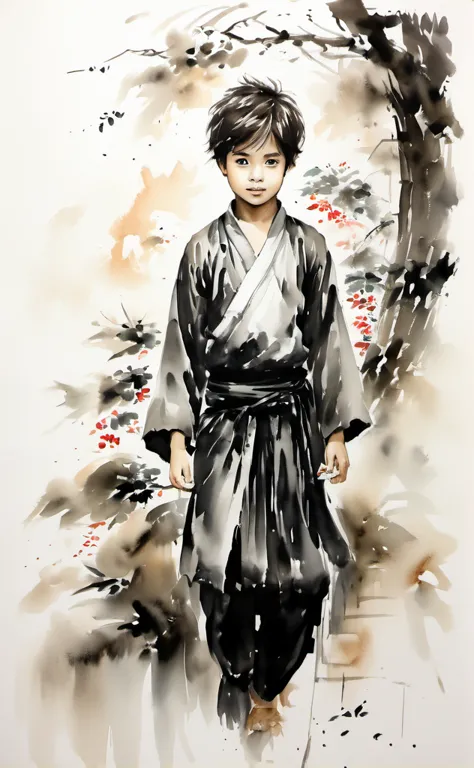 (best quality, highres, ultra-detailed:1.2), realistic, ink wash painting, vibrant colors, moody lighting, 1 boy, beautiful deta...