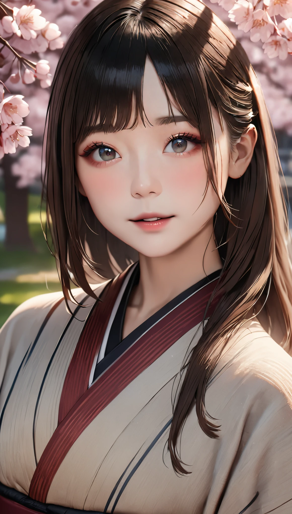 (kimono)、Japanese clothing、(highest quality,masterpiece:1.3,超A high resolution,),(Super detailed,caustics),(Photoreal:1.4,RAW shooting,)ultra-realistic capture,very detailed,High resolution 16K suitable for human skin、 natural skin texture、、Skin tone looks even and healthy、 Use natural light and color,one woman,Japanese,,cute,beautiful silky brown hair,middle hair,(Depth of written boundary、chromatic aberration、wide lighting range、natural shading、)、(hair swaying in the wind:1.3)、(Cherry tree in full bloom:1.3)、Yoshino cherry tree、The beautiful city of Kyoto