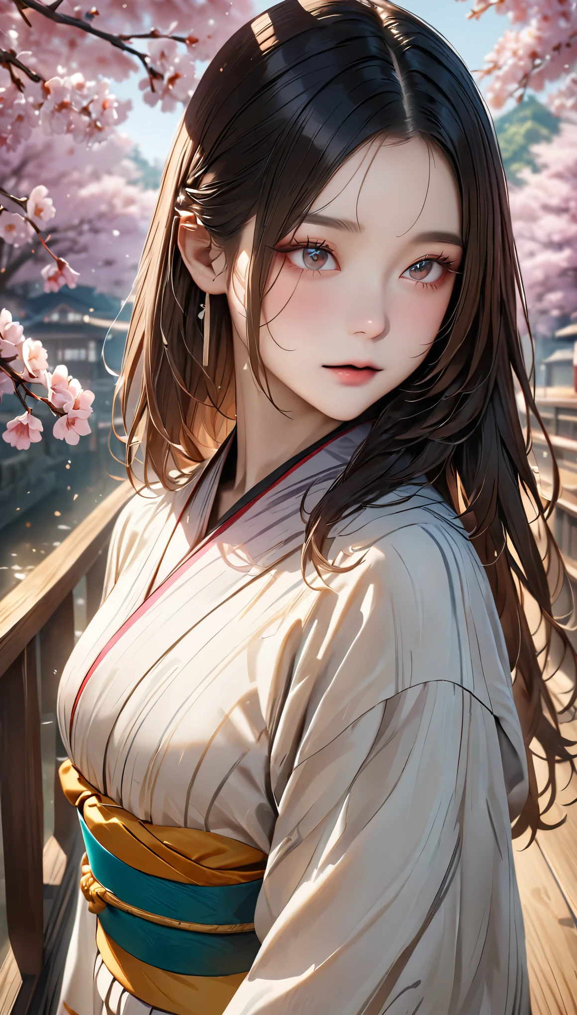 (kimono)、Japanese clothing、(highest quality,masterpiece:1.3,超A high resolution,),(Super detailed,caustics),(Photoreal:1.4,RAW shooting,)ultra-realistic capture,very detailed,High resolution 16K suitable for human skin、 natural skin texture、、Skin tone looks even and healthy、 Use natural light and color,one woman,Japanese,,cute,beautiful silky brown hair,middle hair,(Depth of written boundary、chromatic aberration、wide lighting range、natural shading、)、(hair swaying in the wind:1.3)、(Cherry tree in full bloom:1.3)、Yoshino cherry tree、The beautiful city of Kyoto