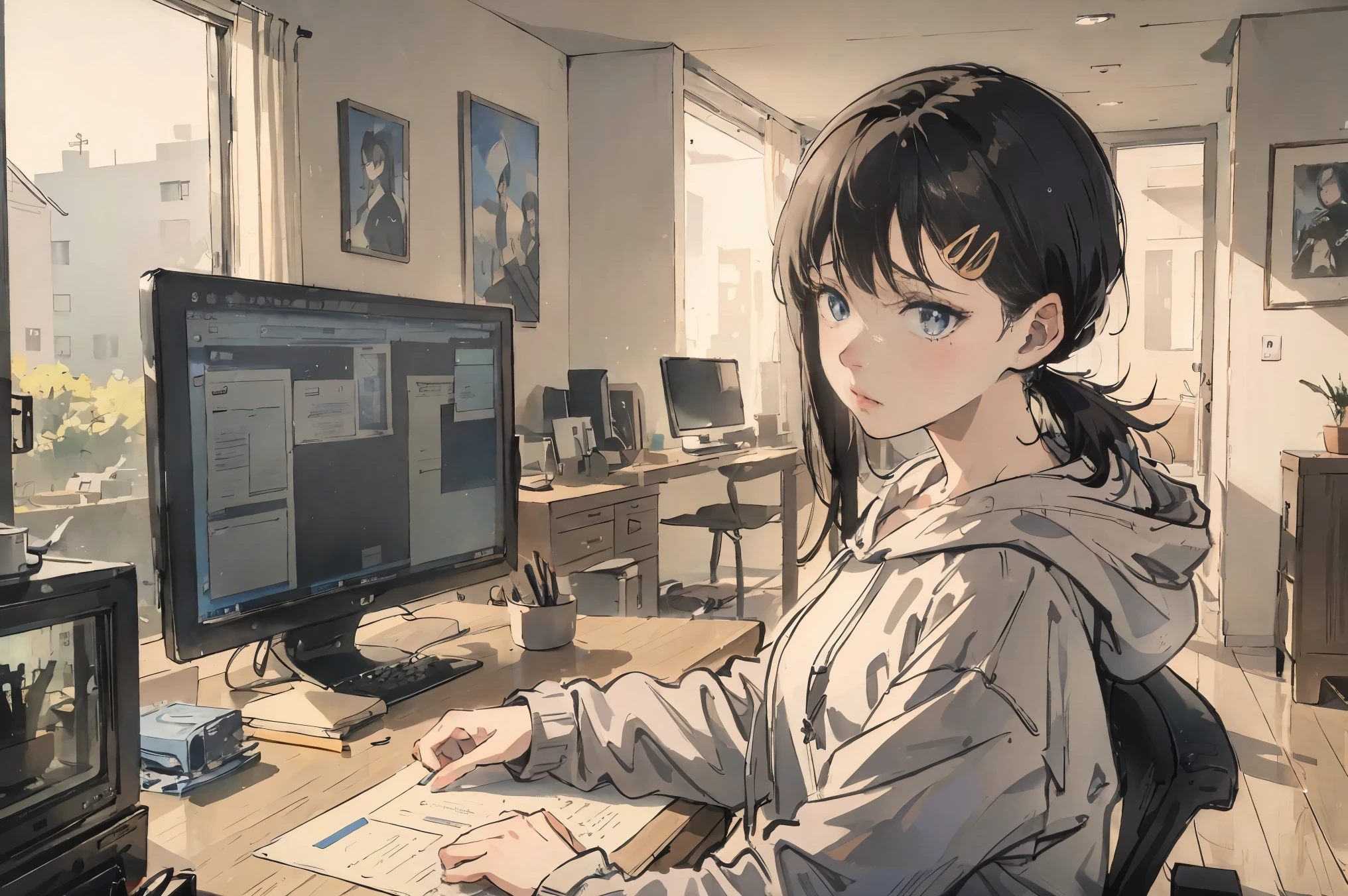 blue long hair, gray hoodie, room at home, computer, serious expression