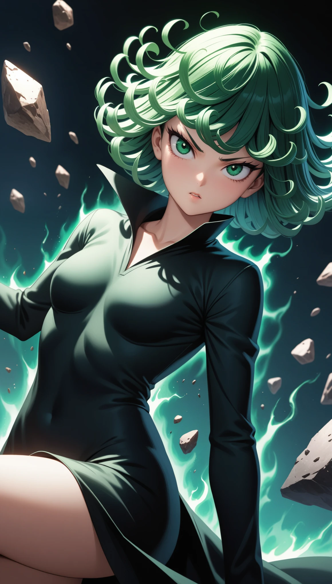 (masterpiece, best quality, very aesthetic, ultra detailed), intricate details,
1girl, tatsumaki, one-punch man, black clothes, aura, floating, floating rock, telekinesis, cinematic angle