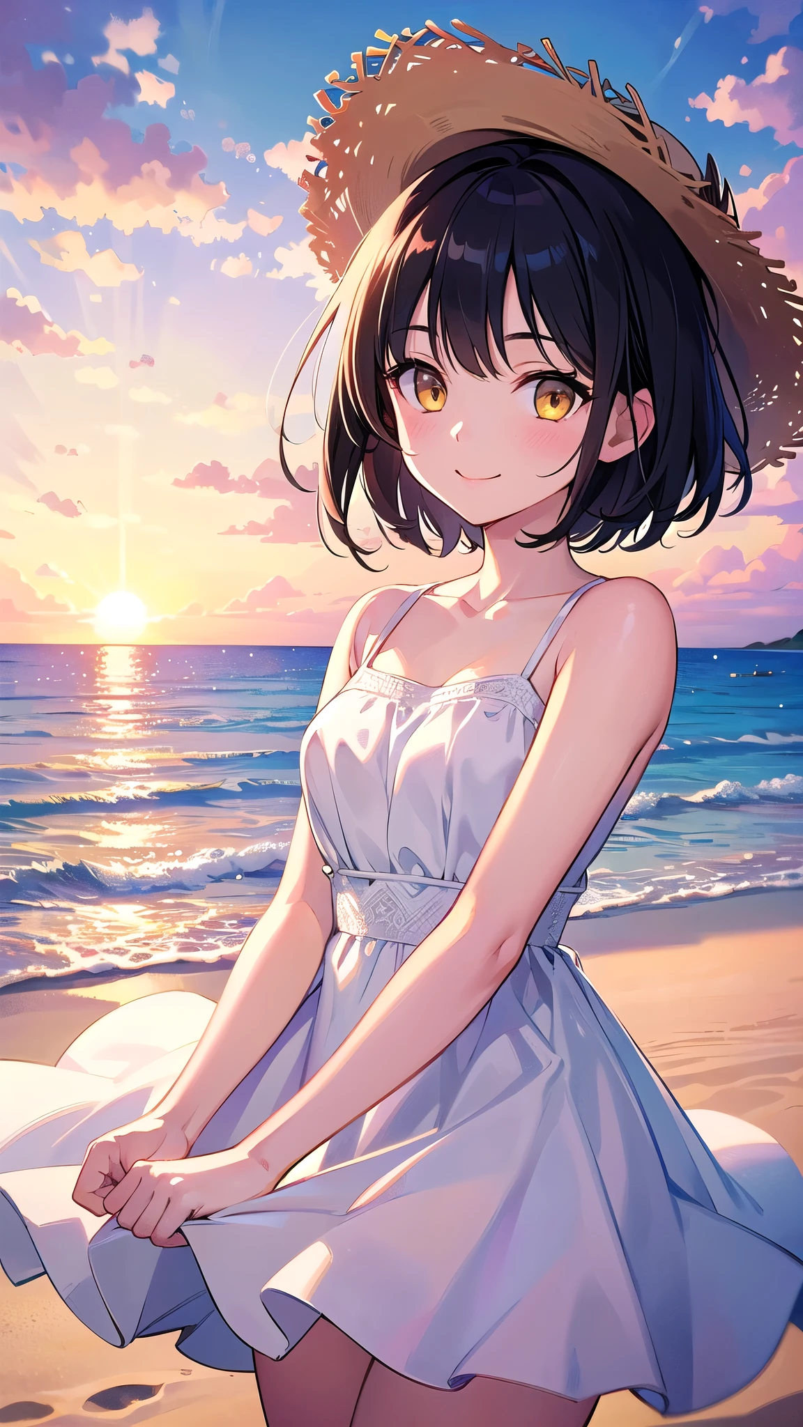 (masterpiece), (highest quality), (Super detailed), (beautiful illustrations), (pretty girl), 1 girl, black hair, short hair, yellow eyes, 16 years old, white dress, straw hat, cute smile, sandy beach, evening, sunset,