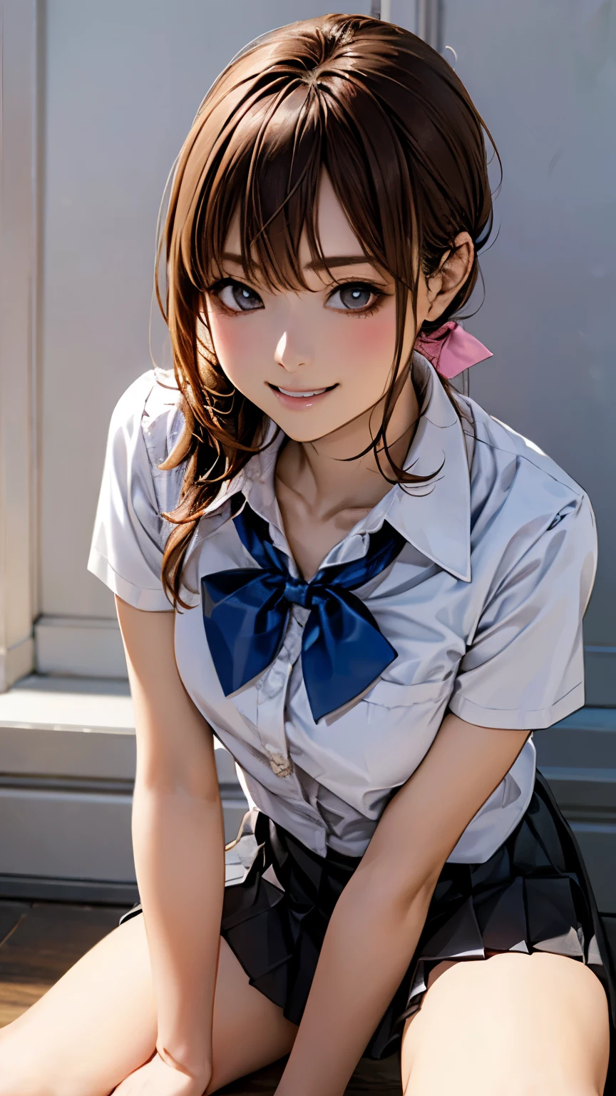 (masterpiece:1.2, highest quality), (realistic, photorealistic:1.4), beautiful illustrations, (natural side lighting, movie lighting), 
looking down at the viewer, 1 girl, Japanese, high school girl, 17 years old, perfect face, cute and symmetrical face, shiny skin, thin, 
(middle hair:1.2, side ponytail hair:1.4, light brown hair), 
beautiful hair, beautiful face, detailed and beautiful eyes, beautiful clavicle, beautiful body, beautiful breasts, beautiful thighs, beautiful feet, beautiful fingers, 
((fine cloth texture, short sleeve pink collar shirt, check pleated mini skirt, blue bow tie)), 
(The background is a pure white wall)、 Slouching、 (cute, cute smile, upper eye),Hands on your knees