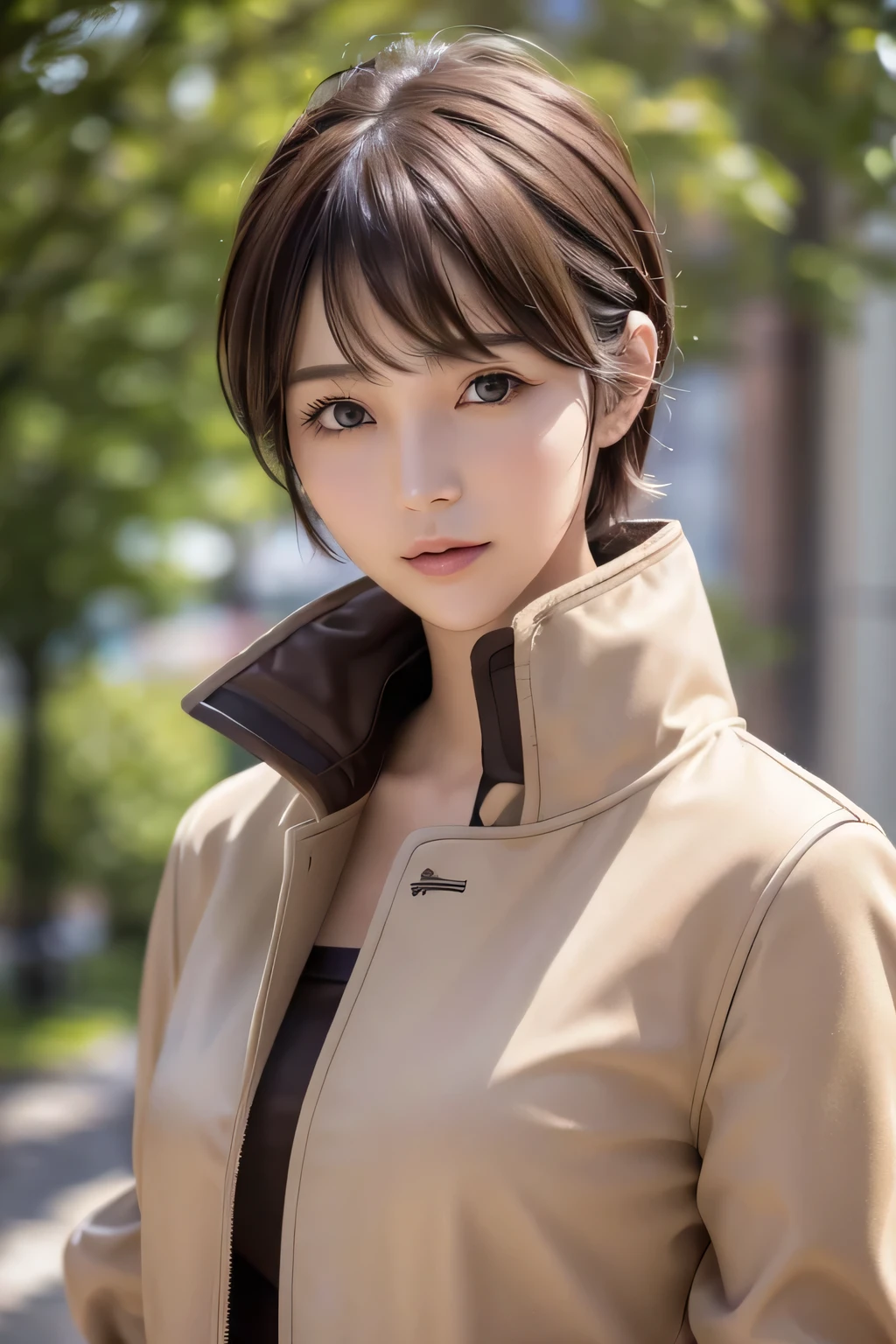 ８ｋ、highest quality, 1 girl, , , ((pixie cut)), , spindly body, slim、flat body、lonely face、cute、inverted triangular face、 (close up head shot:1.23) 、brown hair、duffel coat、soft fabric、