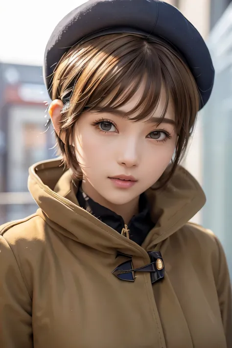 ８ｋ、highest quality, 1 girl, , , ((pixie cut)), beret, spindly body, slim、flat body、lonely face、cute、inverted triangular face、 (c...