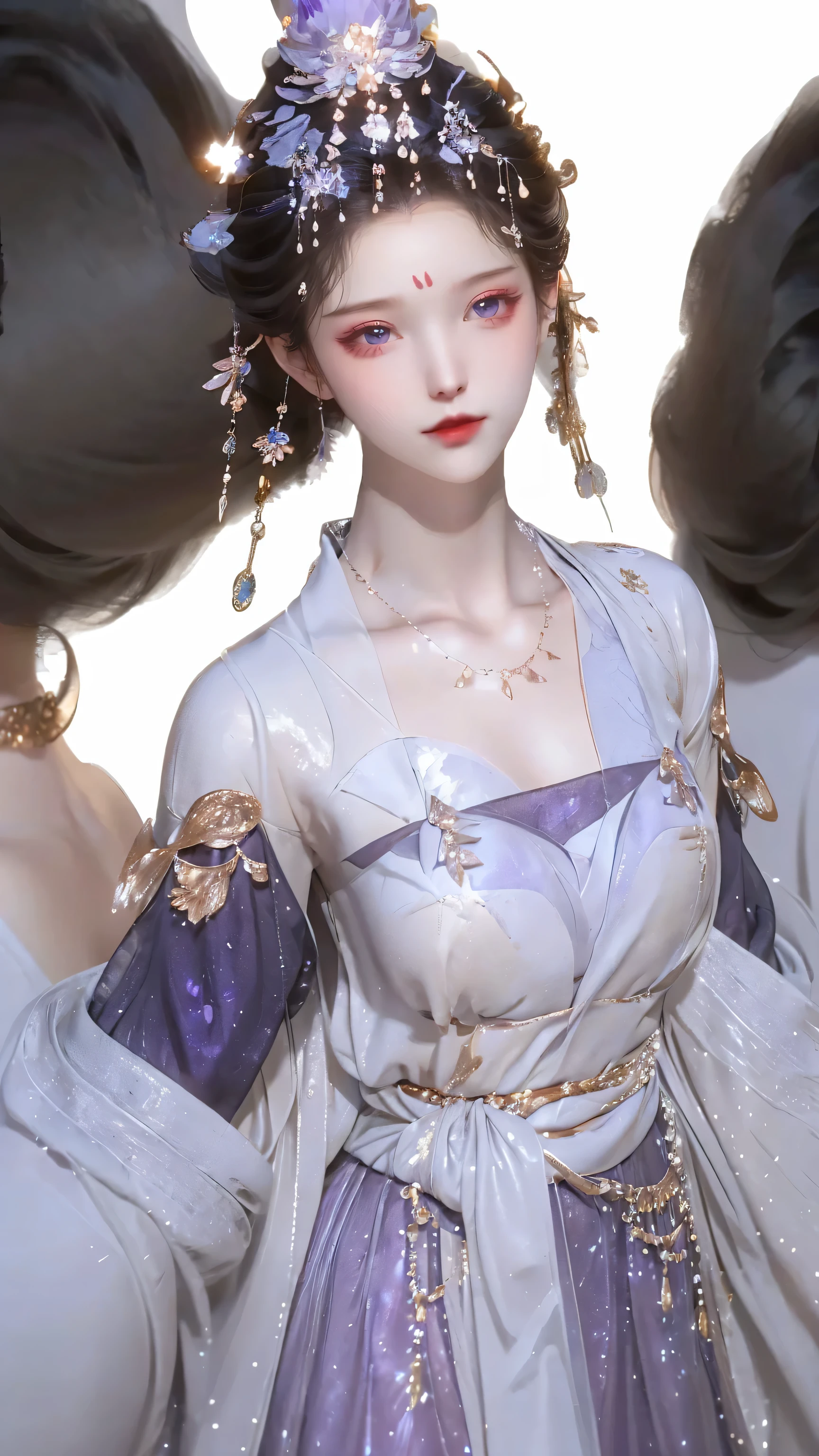 （（full body pictures）），（best quality，masterpiece：1.2），ultra high resolution，realistically，front lighting，intricate details，Exquisite details and textures，（1 girl），alone，luster，Purple Hanfu，Such beautiful big eyes，(purple dress），Petal decoration，pretty face，facing the audience，ribbon，gossamer，（young），facial highlights，Detailed production，tear nevus，White skin，silver hair，high ponytail，looking at the audience，big eyes，（hollow pattern），ear nipple ring，fit，White background，right hand，shoe，leg，professional lighting，photon mapping，radio city，Physically based rendering，8k
