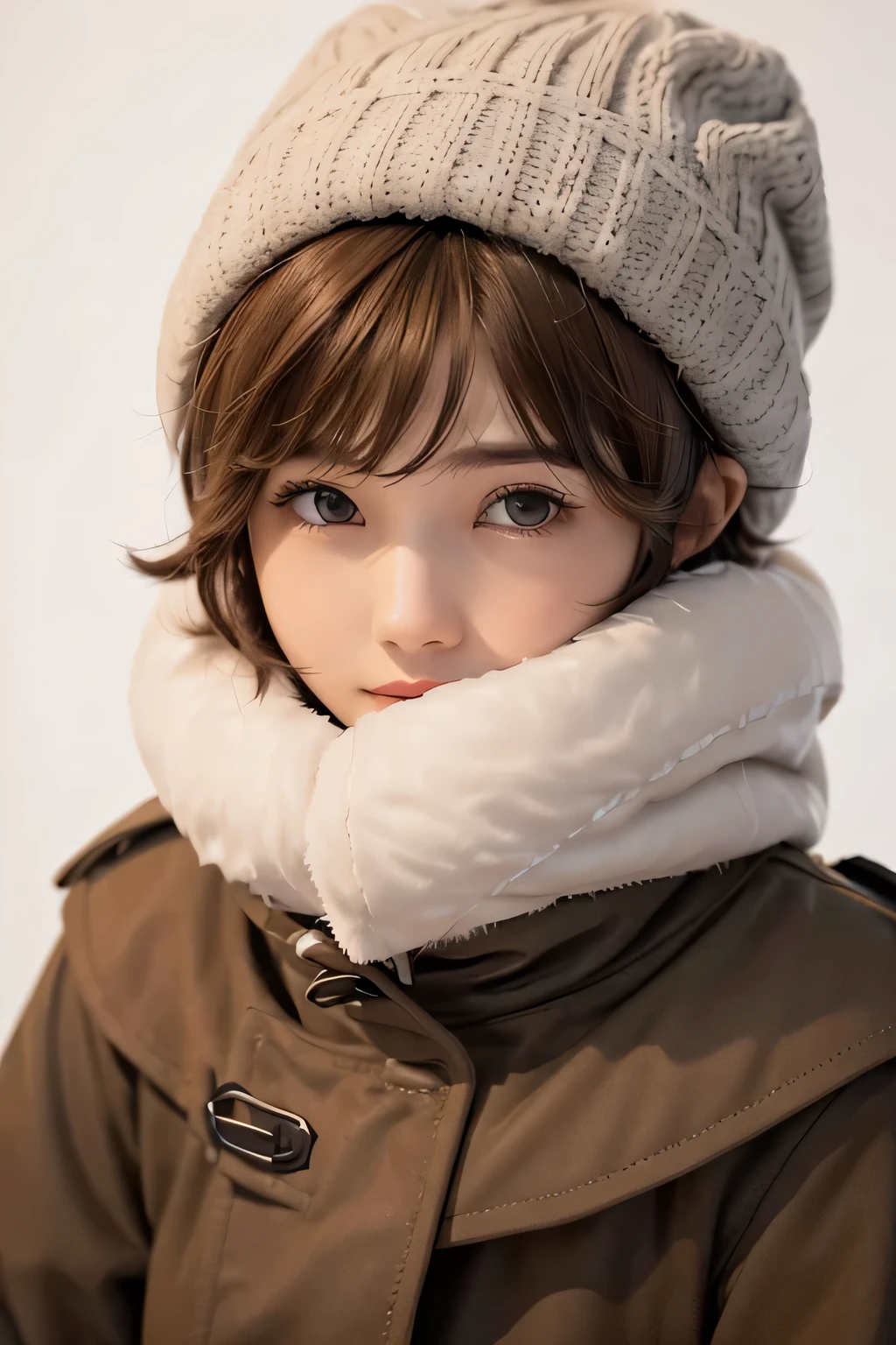 ８ｋ、highest quality, 1 girl, , , ((pixie cut)), there is winter, spindly body, slim、flat body、lonely face、cute、inverted triangular face、 (close up head shot:1.23) 、brown hair、duffel coat、soft fabric、