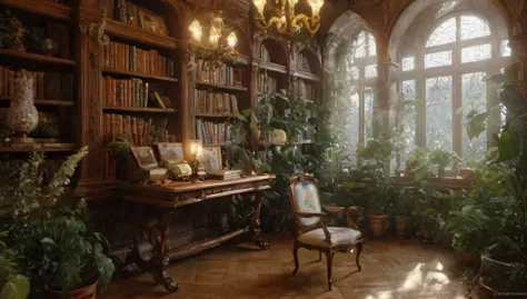  lots of antique table lamps、harry potter style study、Lots of houseplants, books, and bookshelves、white petals,crystallization, ...