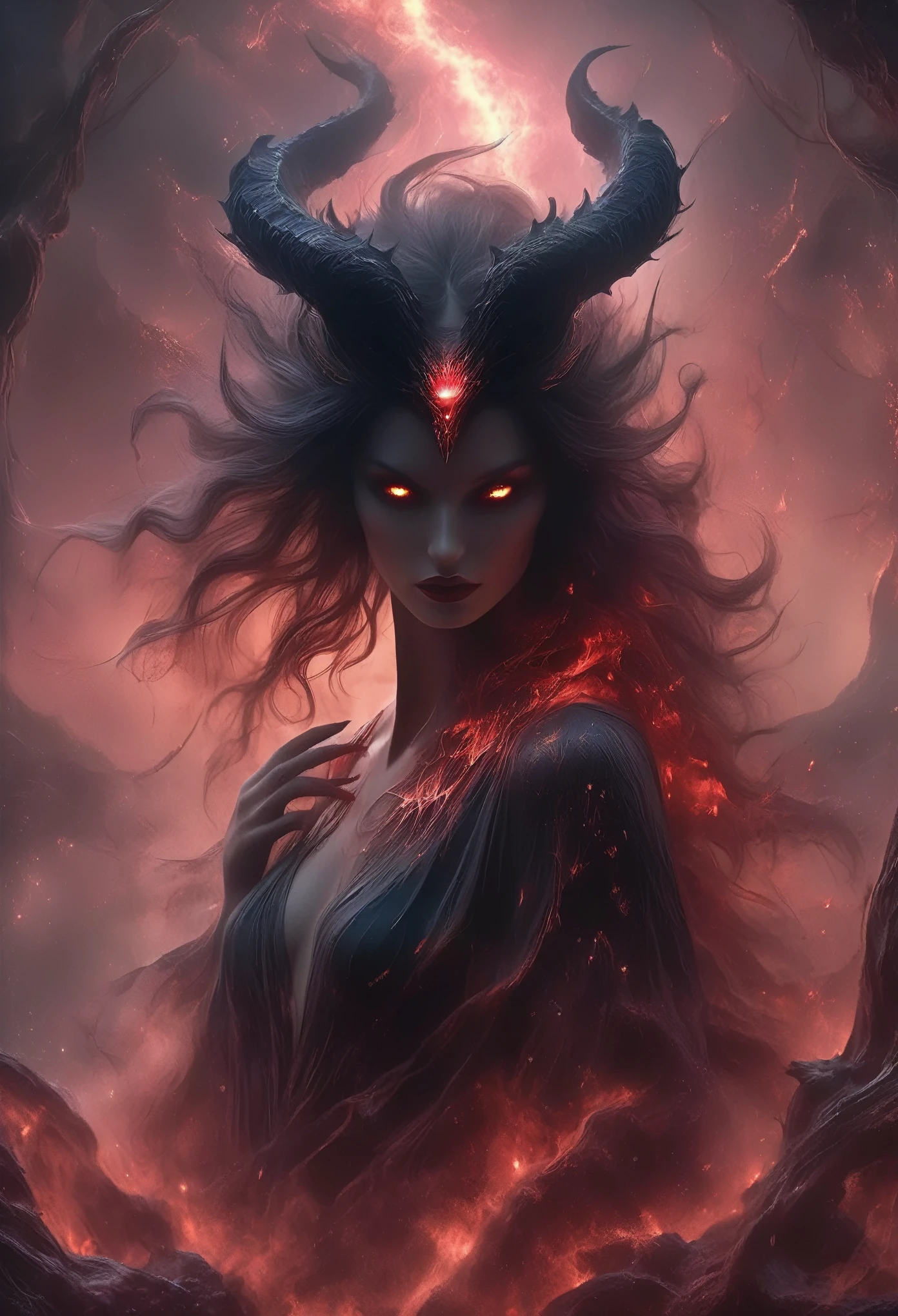 A woman with horns and a demon face in a dark cave - SeaArt AI