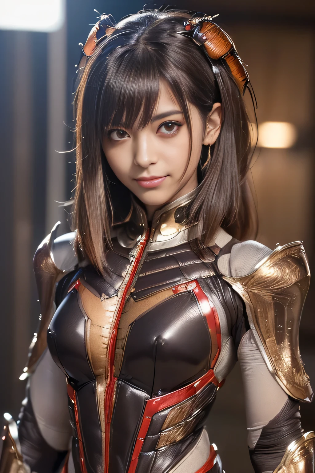 (High resolution,masterpiece,highest quality,Very detailed CG, anime, official art:1.4), realistic, photograph, amazing detail, everything is complicated, shiny and glossy,Amazing number of layers, 8K wallpaper, 3D, sketch, cute, figure,( alone:1.4), perfect female proportions,villain&#39;s daughter, (Fusion of dark brown cockroach and lady:1.4), (brown cockroach woman:1.2), (brown cockroach woman:1.2), (Fusion:1.2), (alone:1.4), (evil smile:1.2), muscular, abs, (Cockroach brown exoskeleton bio insect suit:1.4), (Cockroach brown exoskeleton bio insect armor:1.2), (brown transparent cockroach feathers:1.4), (Antennae of brown cockroaches:1.3),