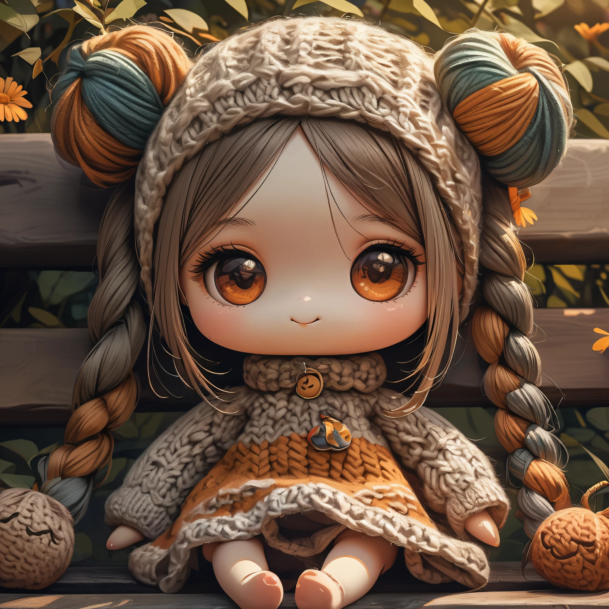 (La best quality,High resolution,super detailed,actual),2 cute knitted dolls，in the garden，smiley face，（（A masterpiece full of fantasy elements）））， （（best quality））， （（intricate details））（8K）