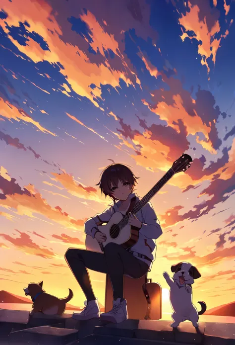 Takayama，sunset，((boy))，(Guitar)，puppy