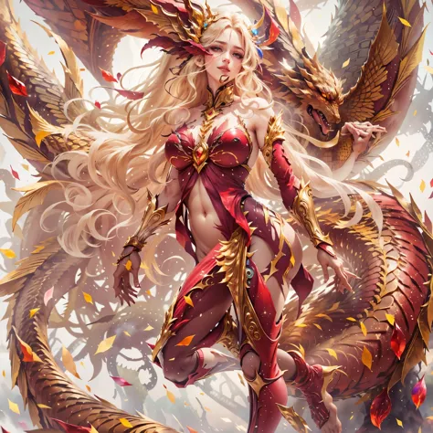 (best quality,4k,8k,highres,masterpiece:1.2), ultra-detailed, realistic, naked sexy dragon woman with red gold glittering scales...