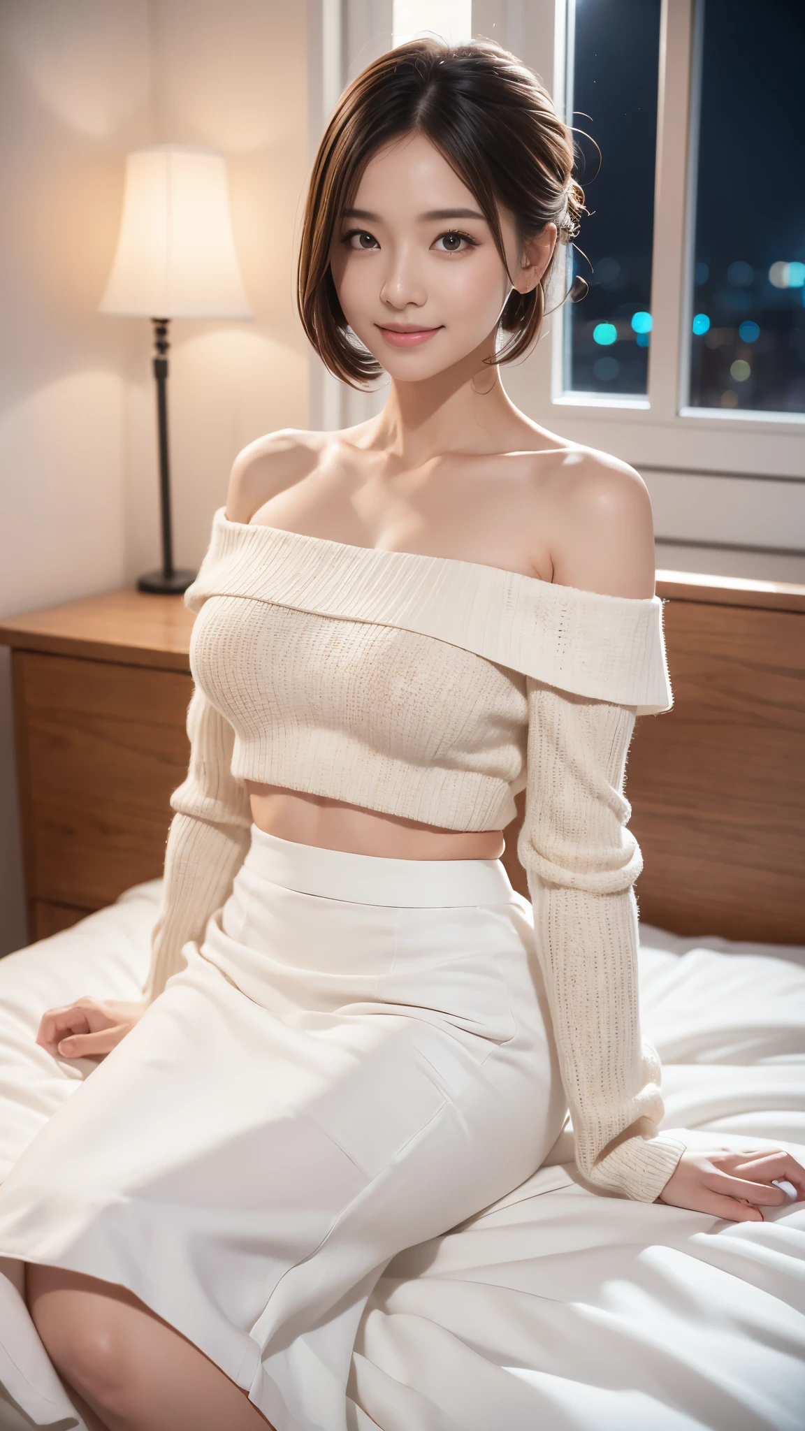 photo realistic, 8k, RAW photo, best quality, masterpiece, realistic, clear focus, professional lighting, front lighting,
BREAK
(full body:1.1), smile, updo or short hair, (sitting on the bed in the bedroom:1.4), (white long skirt:1.3, off shoulder and long sleeves, separated legs:1.5),
BREAK
(natural skin texture, detailed skin, detailed soft eyes, detailed hair, detailed cute lips, hyperrealism, ultra sharpness, intricate details),smile,New York night view、blur the background、stand up straight、Japanese beauty、