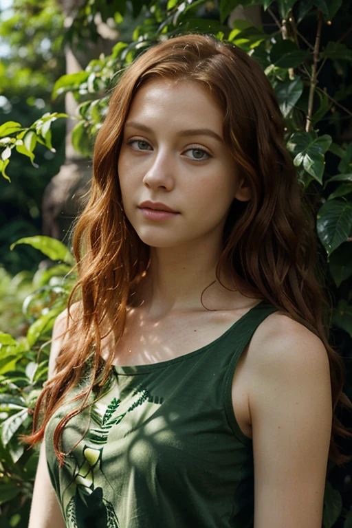 Caucasian female with green eyes, long wavy red hair, wearing a green leafy top, surrounded by lush green foliage in the background