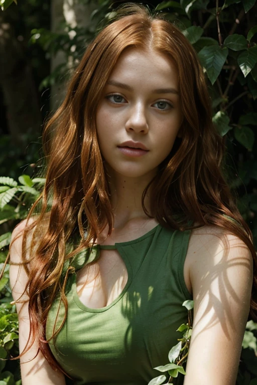 Caucasian female with green eyes, long wavy red hair, wearing a green leafy top, surrounded by lush green foliage in the background