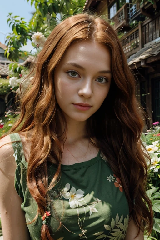 Caucasian female with green eyes, long wavy red hair, wearing a green leafy top, surrounded by colorful flowers in the background