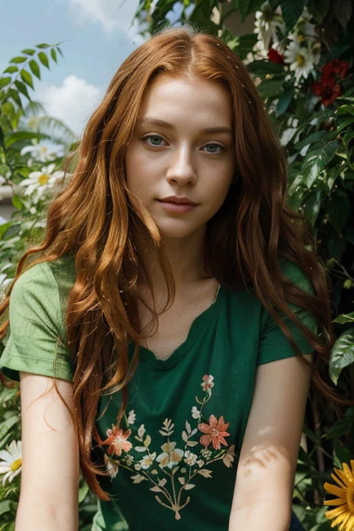 Caucasian female with green eyes, long wavy red hair, wearing a green leafy top, surrounded by colorful flowers in the background