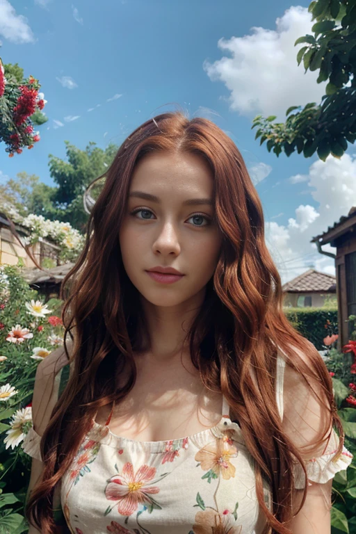 Caucasian female with green eyes, long wavy red hair, wearing a flowery top, surrounded by colorful flowers in the background