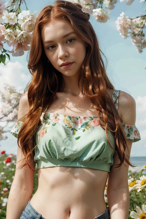 Caucasian female with green eyes, long wavy red hair, wearing a flowery top, surrounded by colorful flowers in the background