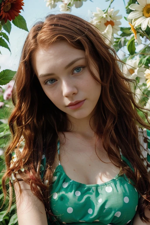 Caucasian female with green eyes, long wavy red hair, wearing a polka dot top, surrounded by colorful flowers in the background